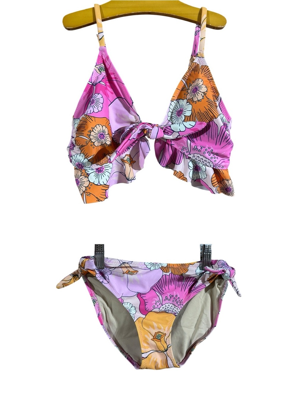 Shade Critters Girls Pink Orange Floral Tie-Front Bikini Swimsuit SIZE 10